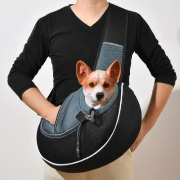 Person holding a black and gray pet carrier with a dog peeking out on a plain background