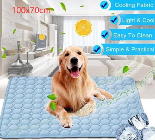 Dog lying on a cooling fabric mat with product features highlighted