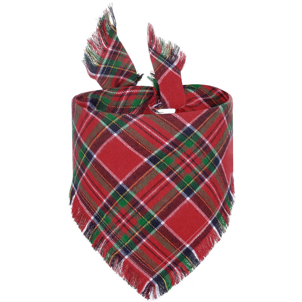 Red and green plaid bandana with fringes on a white background