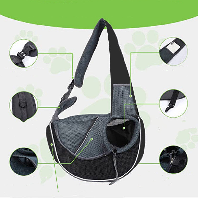 Pet carrier with features highlighted on a green and white background