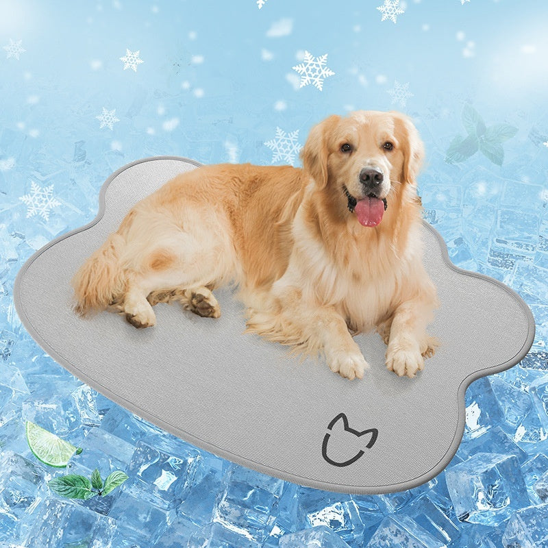 Dog lying on a cooling pad with a snowy background