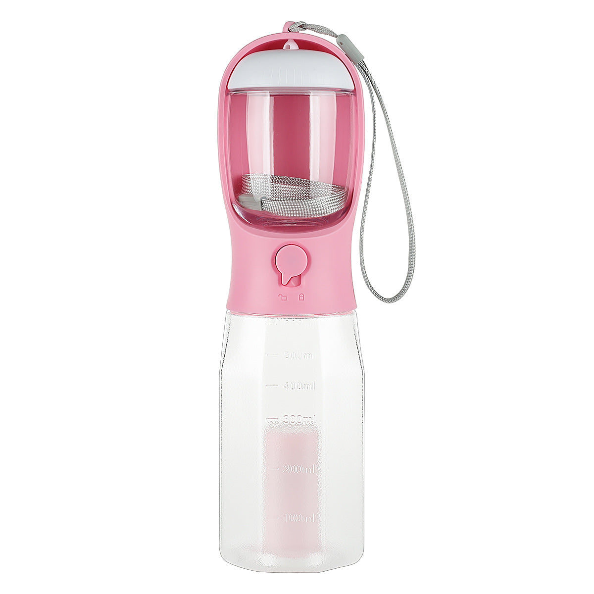 Pink and clear portable pet water bottle on a white background