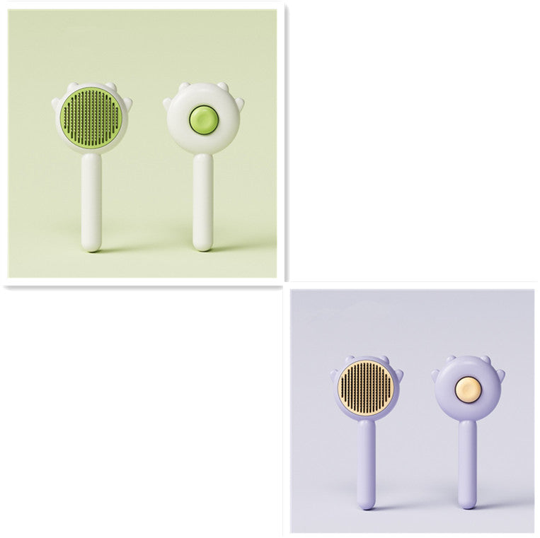Two sets of grooming tools with green and gold components on a light green and purple background.