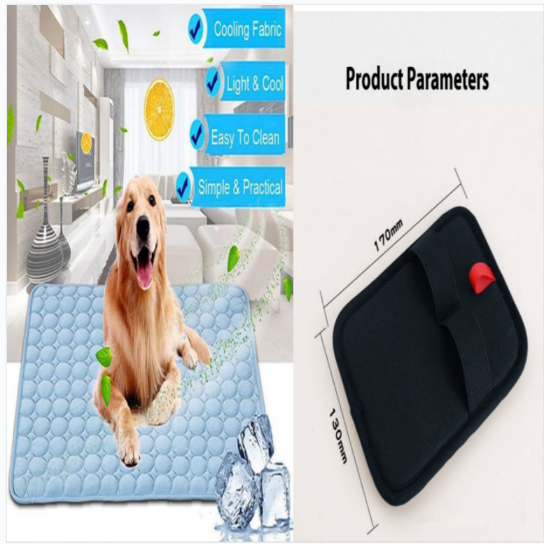 Pet cooling pad with a dog on it, shown in a bathroom setting, and product parameters listed.