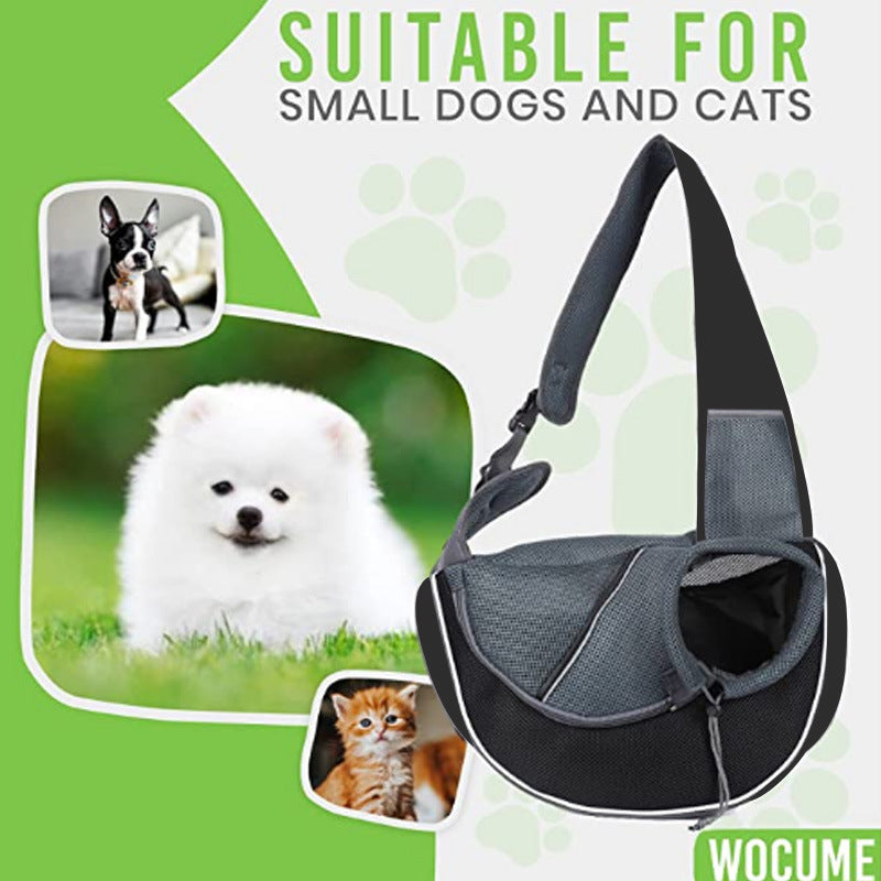 Pet carrier suitable for small dogs and cats with green background and pet illustrations.