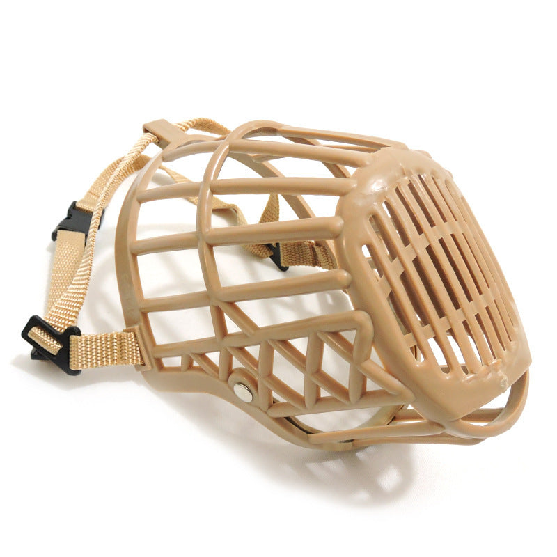 Beige dog muzzle with black straps on a white background