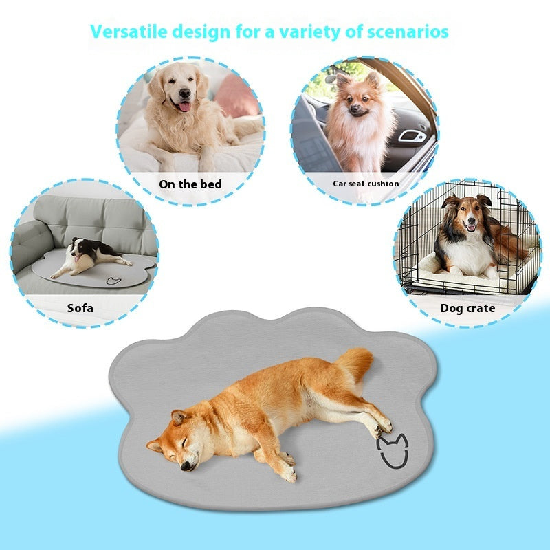 Dog mat shown in various scenarios including bed, car seat, sofa, and dog crate with text 'Versatile design for a variety of scenarios'.