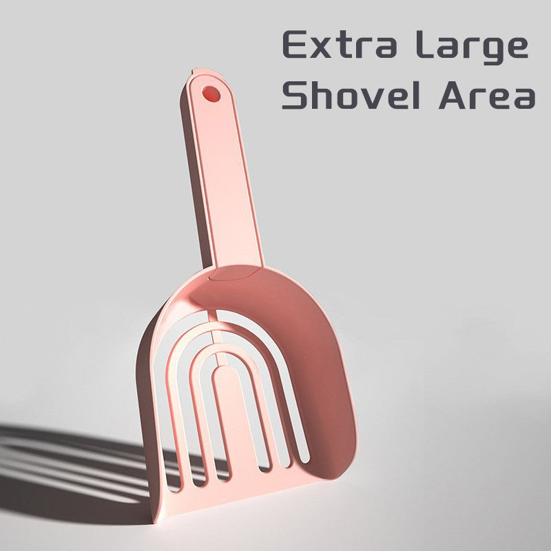Pink pet scoop with 'Extra Large Shovel Area' text on a gray background