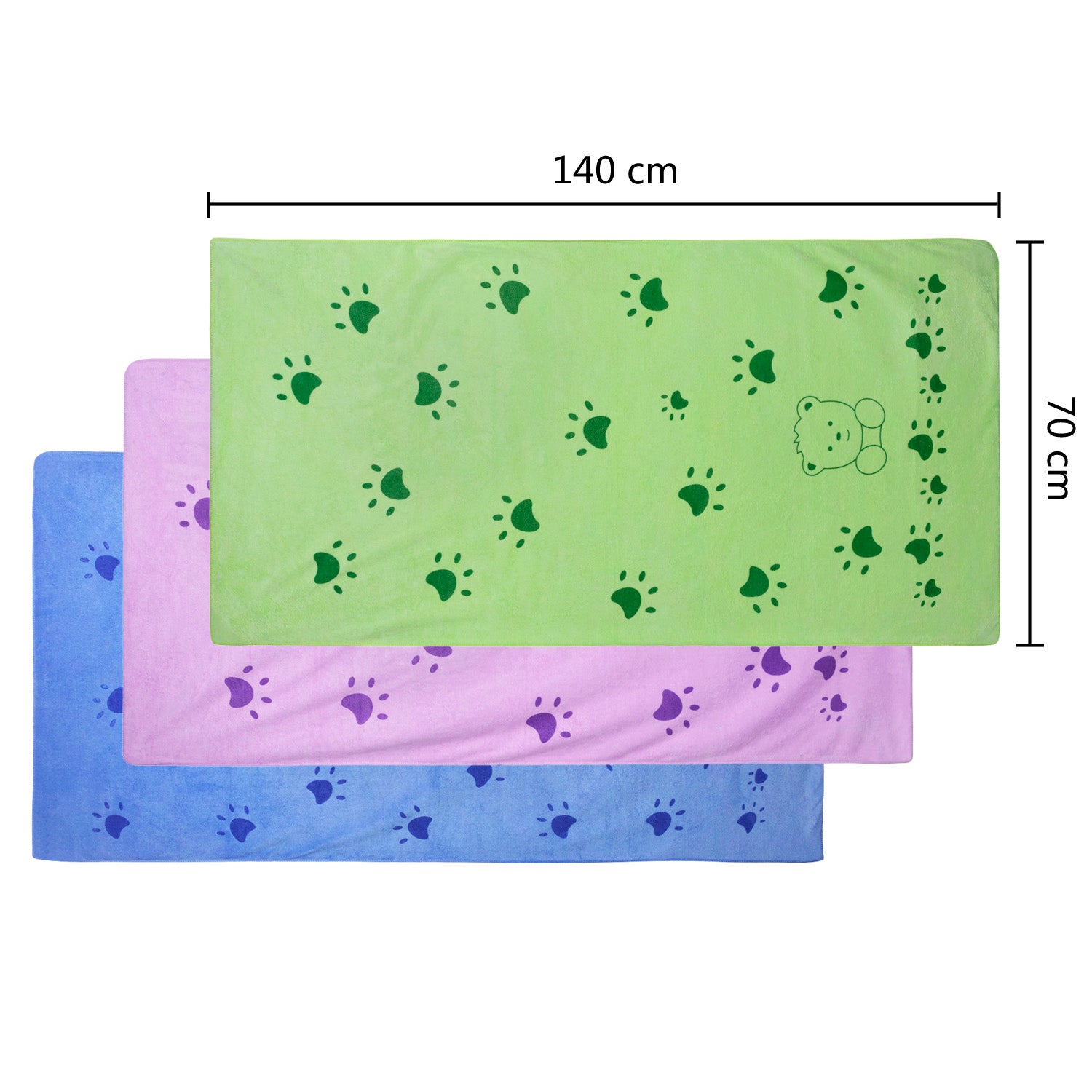 Dog being dried with soft cartoon print bath towel after bath for quick moisture absorption