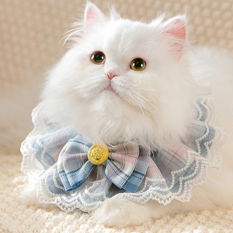 Cute plaid bow lace cat bib collar with elegant decorative pet fashion design