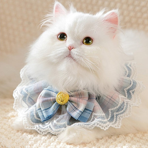 Cute plaid bow lace cat bib collar with elegant decorative pet fashion design