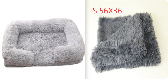 Gray pet bed and matching blanket on a white background with size dimensions.