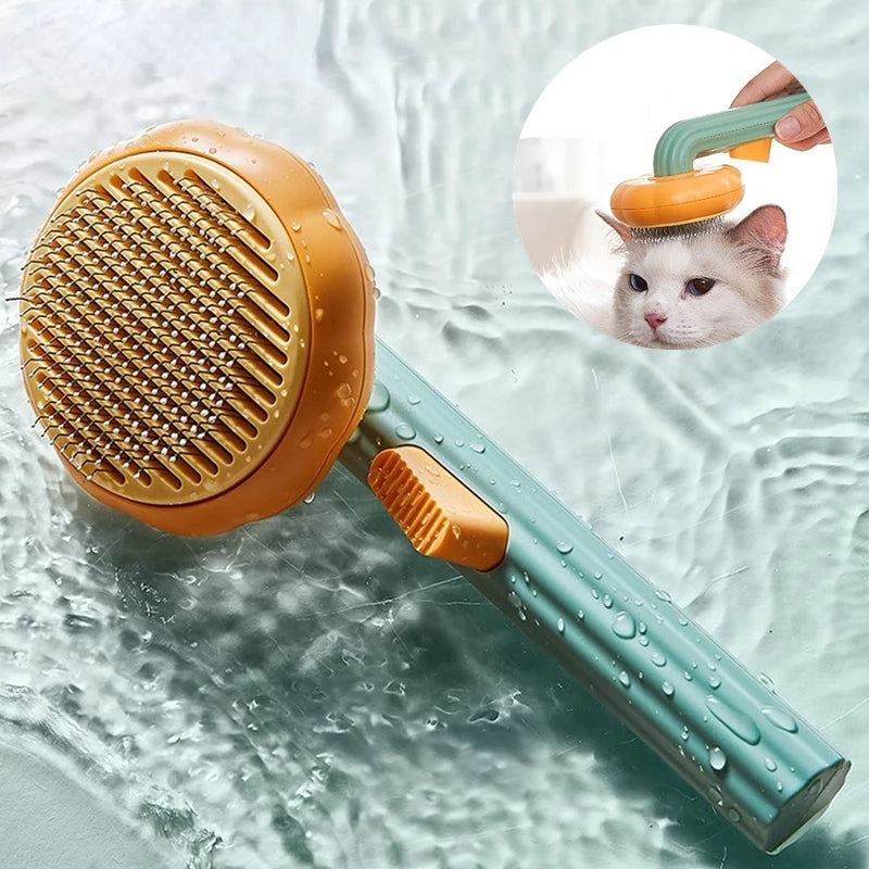 Pet grooming brush with a close-up inset of a cat being groomed, on a water droplet background.