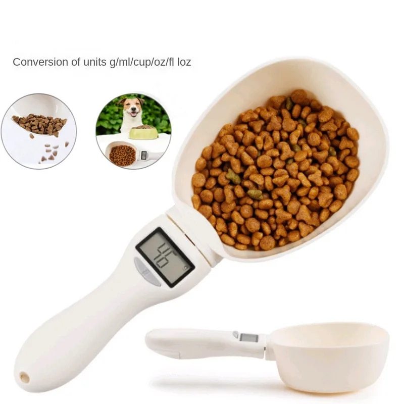 Close-up of electronic pet food spoon showing clear LCD digital weight display