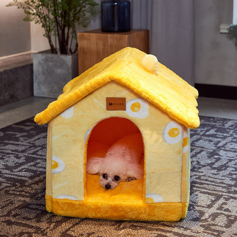 Yellow pet house with a small dog inside, placed on a carpeted floor.