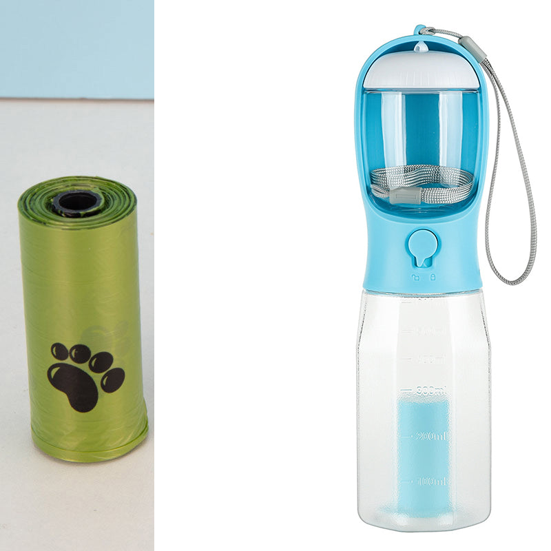 Pet water bottle with a green bag featuring a paw print on a white background