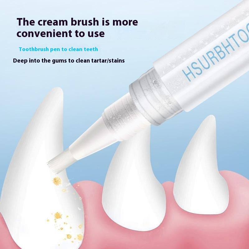 Toothbrush pen cleaning teeth with text on a blue background