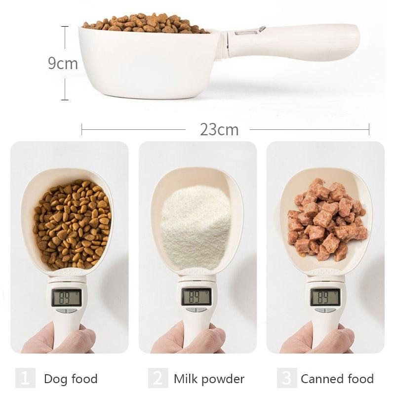 Digital pet food measuring spoon with long handle and built in weighing scale