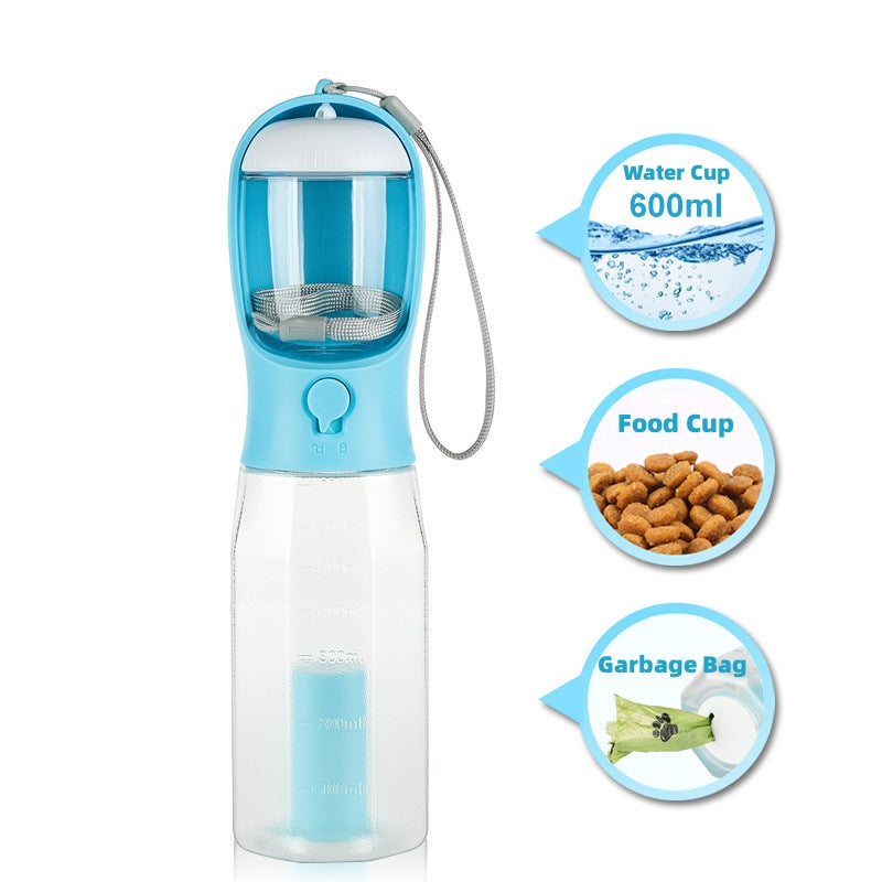 Multifunctional pet water and food cup with garbage bag holder on a white background