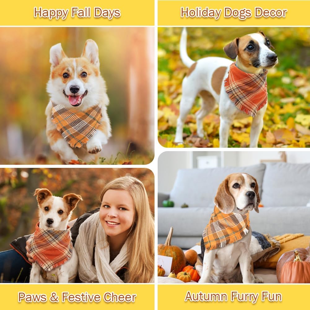 Collage of dogs wearing plaid scarves in various settings with autumn-themed text.