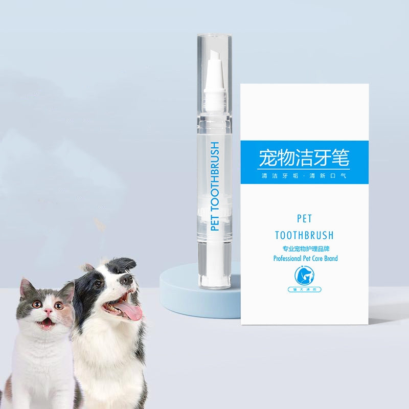 Pet toothbrush and packaging with two pets on a light blue background
