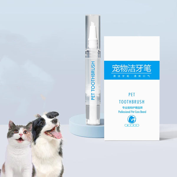 Pet toothbrush and packaging with two pets on a light blue background