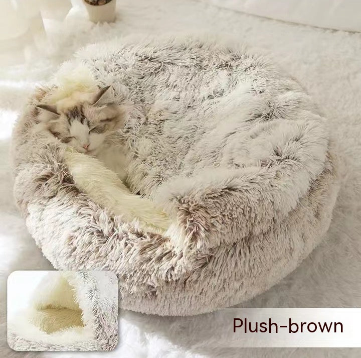 Fluffy pet bed with a cat inside on a soft surface, labeled 'Plush-brown'.