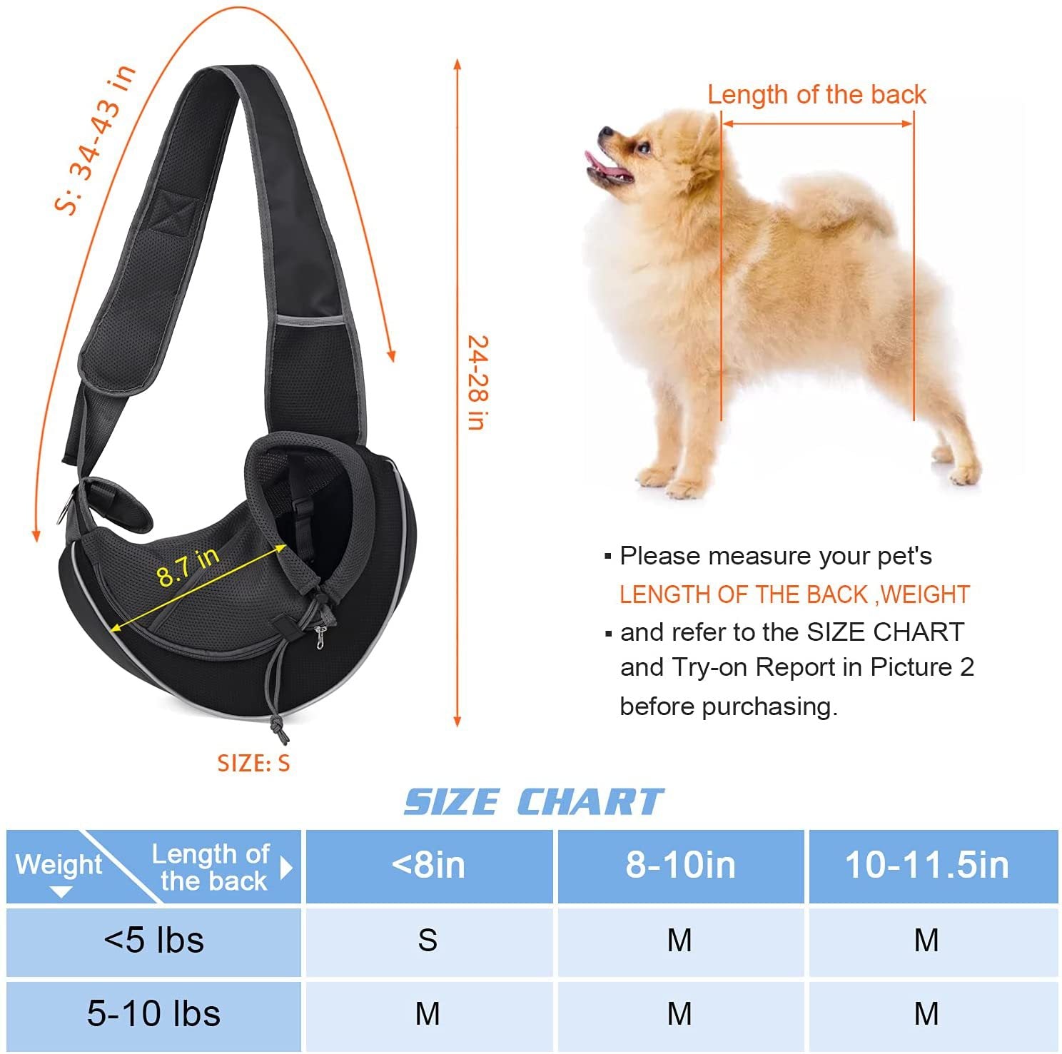 Dog harness with measurement chart and size guide on a white background