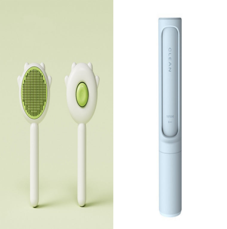 Pet grooming tool set with two brushes and a cylindrical device on a light green and white background.