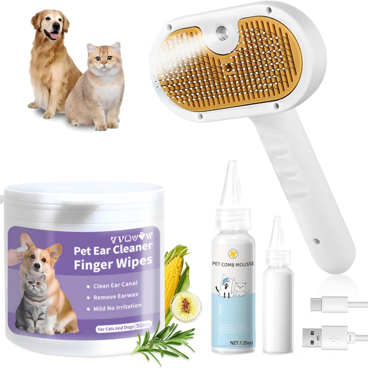 Universal Pet Steam Brush For Cats And Dogs 3-in-1 Spray Hair Removal Comb With Waterless Shampoo And Ear Towel,Tiktok, Amazon, Walmart Banned