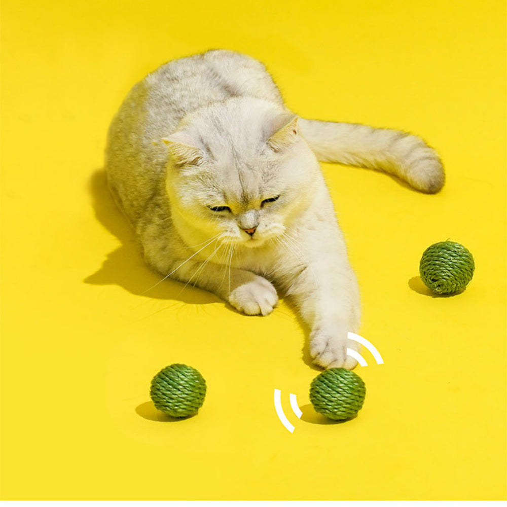 Close-up of woven sisal cat ball toy for chewing scratching and chasing activity