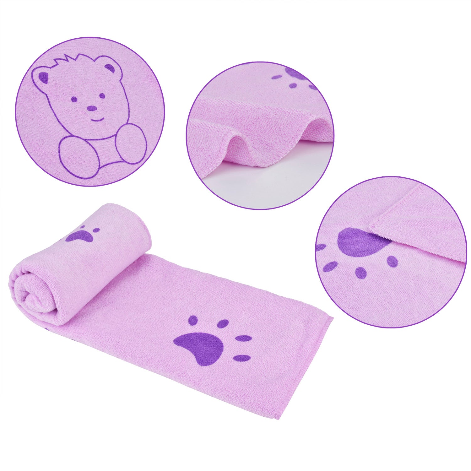 Close-up of soft microfiber pet towel showing embossed cartoon print and smooth fabric