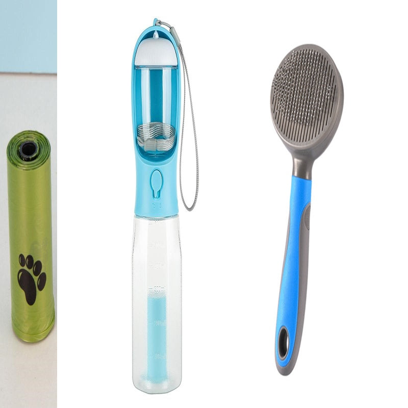 Pet grooming tool set with brush and green carrying case on a white background