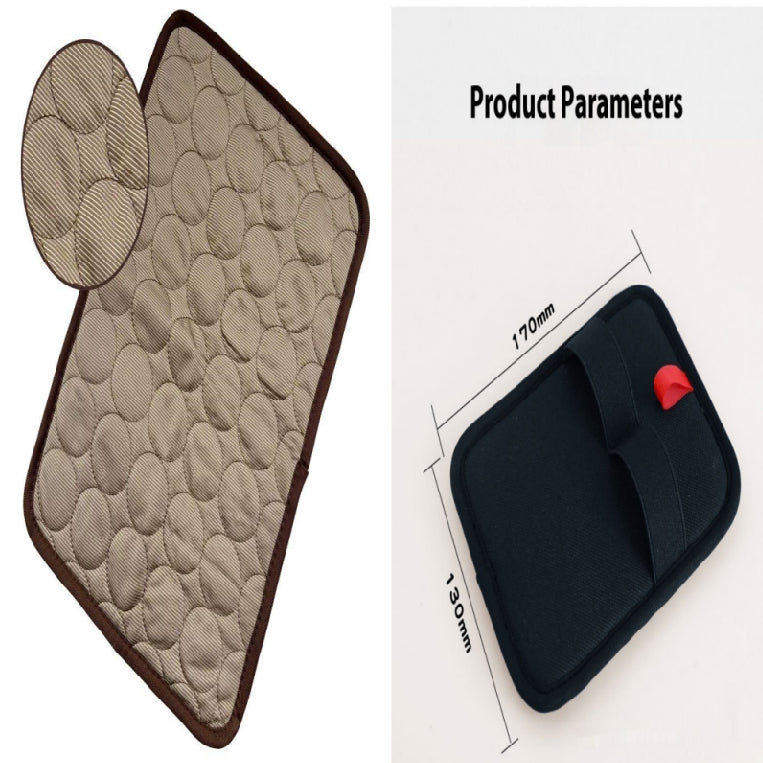 Car seat mat with quilted design and dimensions on a white background