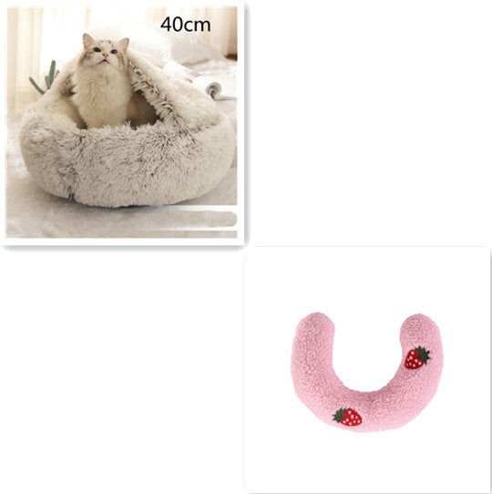 Cat lying in a fluffy pet bed with a size indicator, followed by a pink U-shaped pillow with strawberry design.
