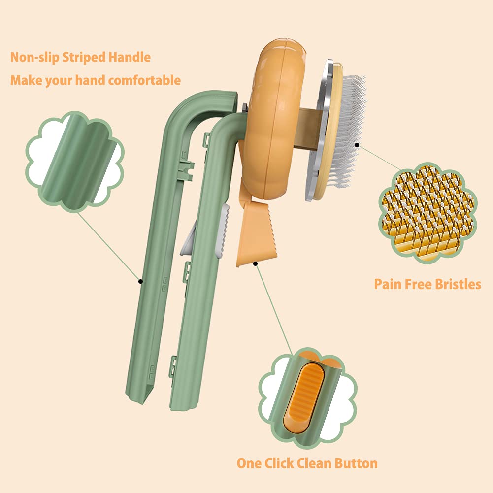 Dog grooming brush with features highlighted on a beige background