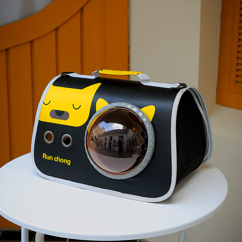 Pet carrier with cartoon design on a white surface